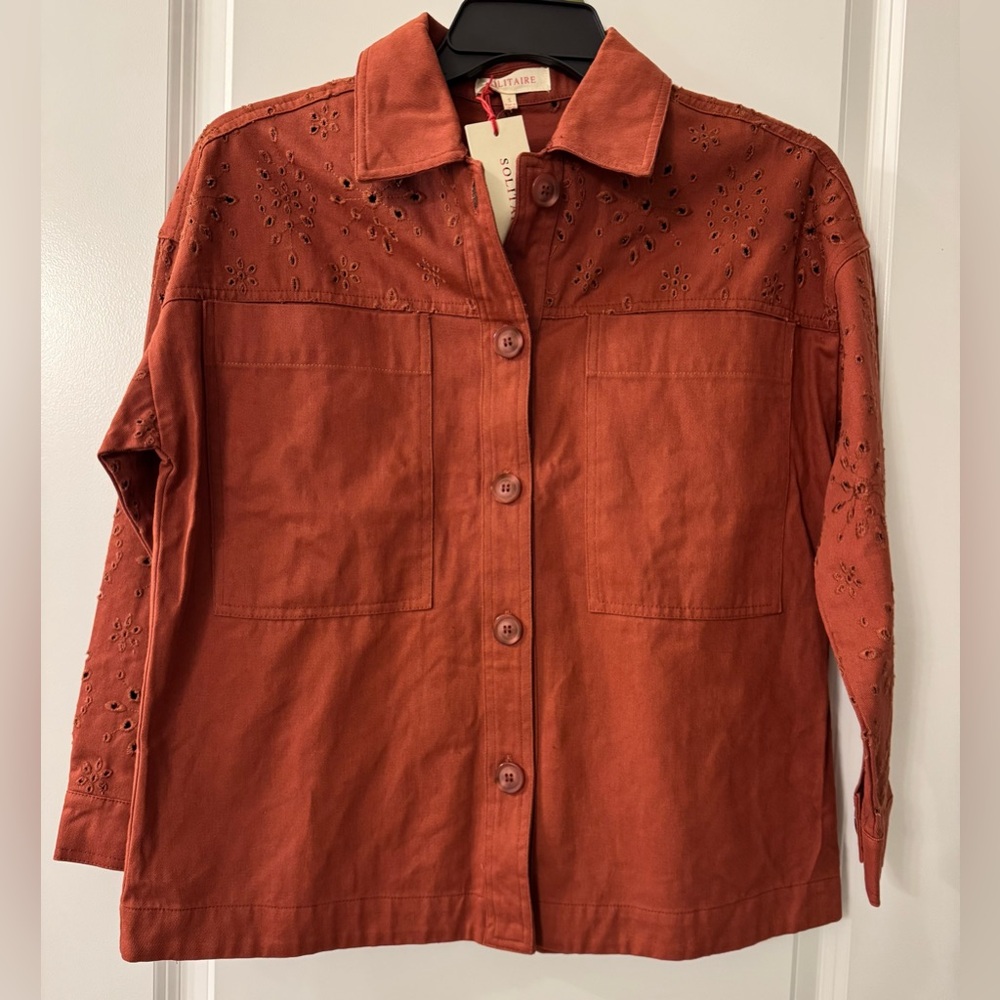 #x479  Solitaire Embroidered Eyelet Broderie Anglaise Accent Rust Trucker Jacket